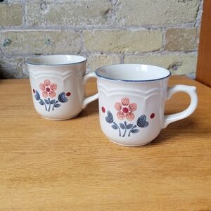 Cumberland Brambleberry Stoneware Tea Cups Made in Japan Beige Blue Set of 2
